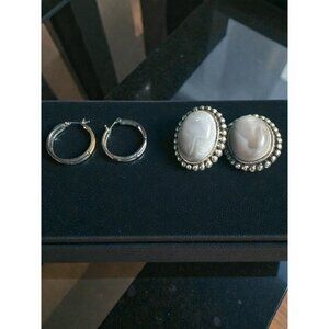 2-Pair Earrings Set – Classic Silver Hoops & Vintage Oval Stone Beaded Design